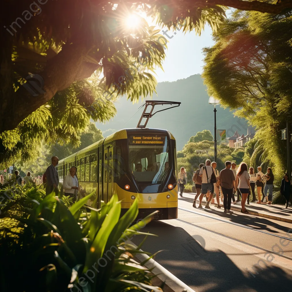 Tourists boarding a tram in a scenic area with mountains in the background. - Image 4