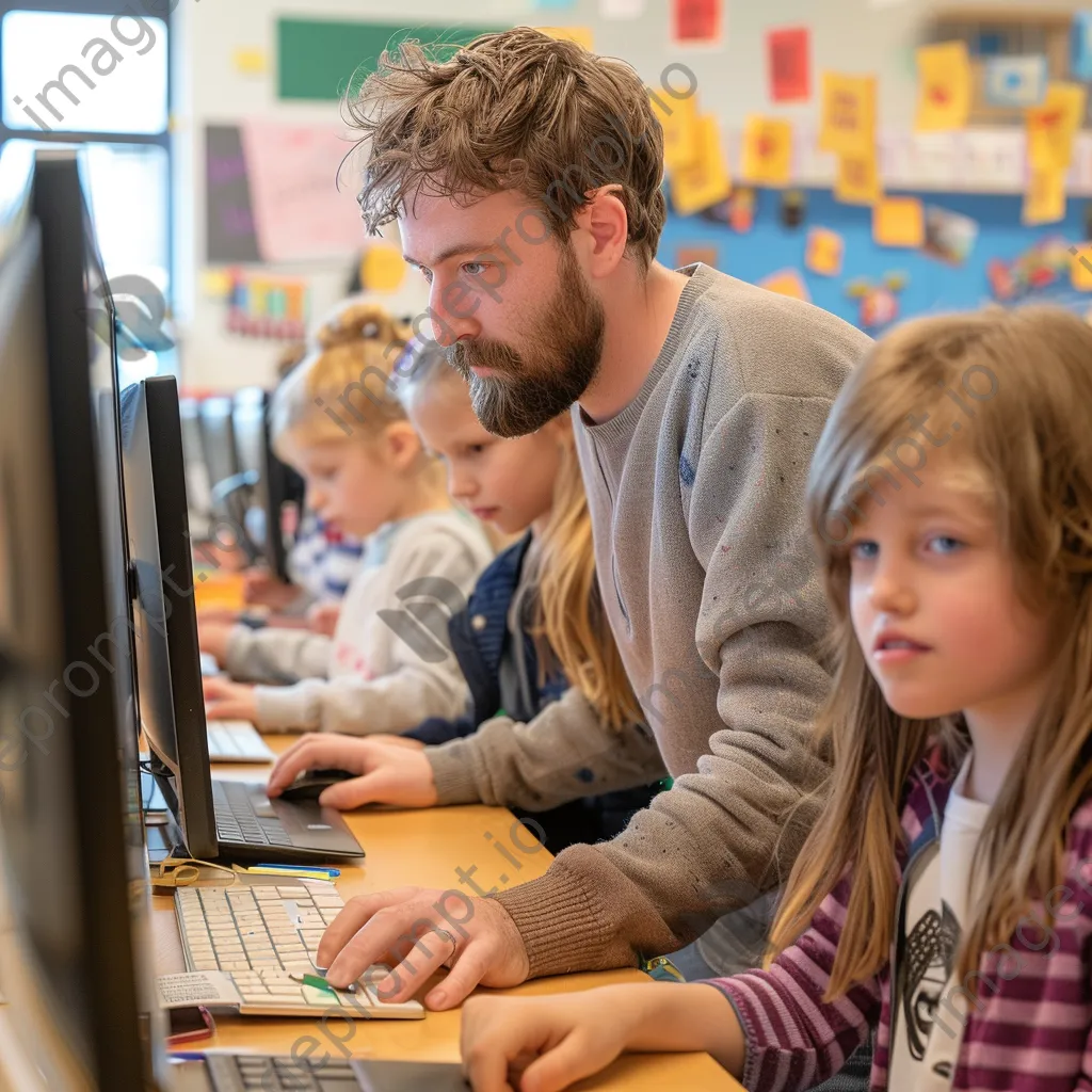 Older student guiding kids in a coding workshop. - Image 2