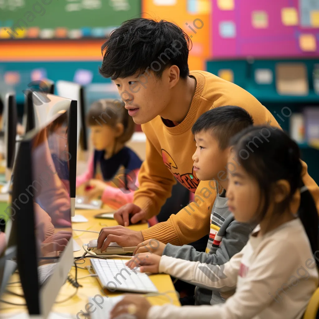 Older student guiding kids in a coding workshop. - Image 3