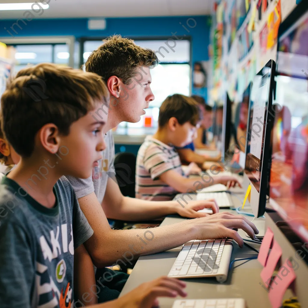 Older student guiding kids in a coding workshop. - Image 4