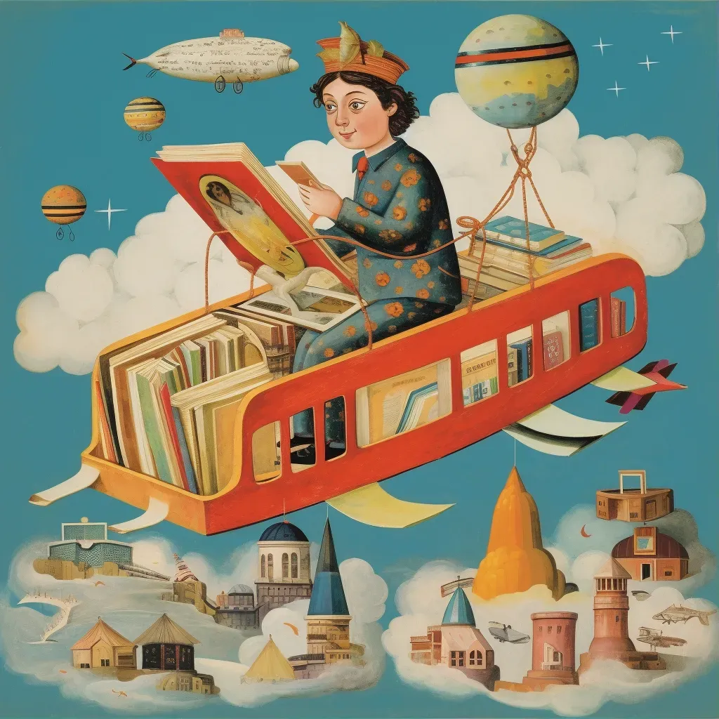 A child riding a flying book through a sky of words and imagination in a whimsical image. - Image 1