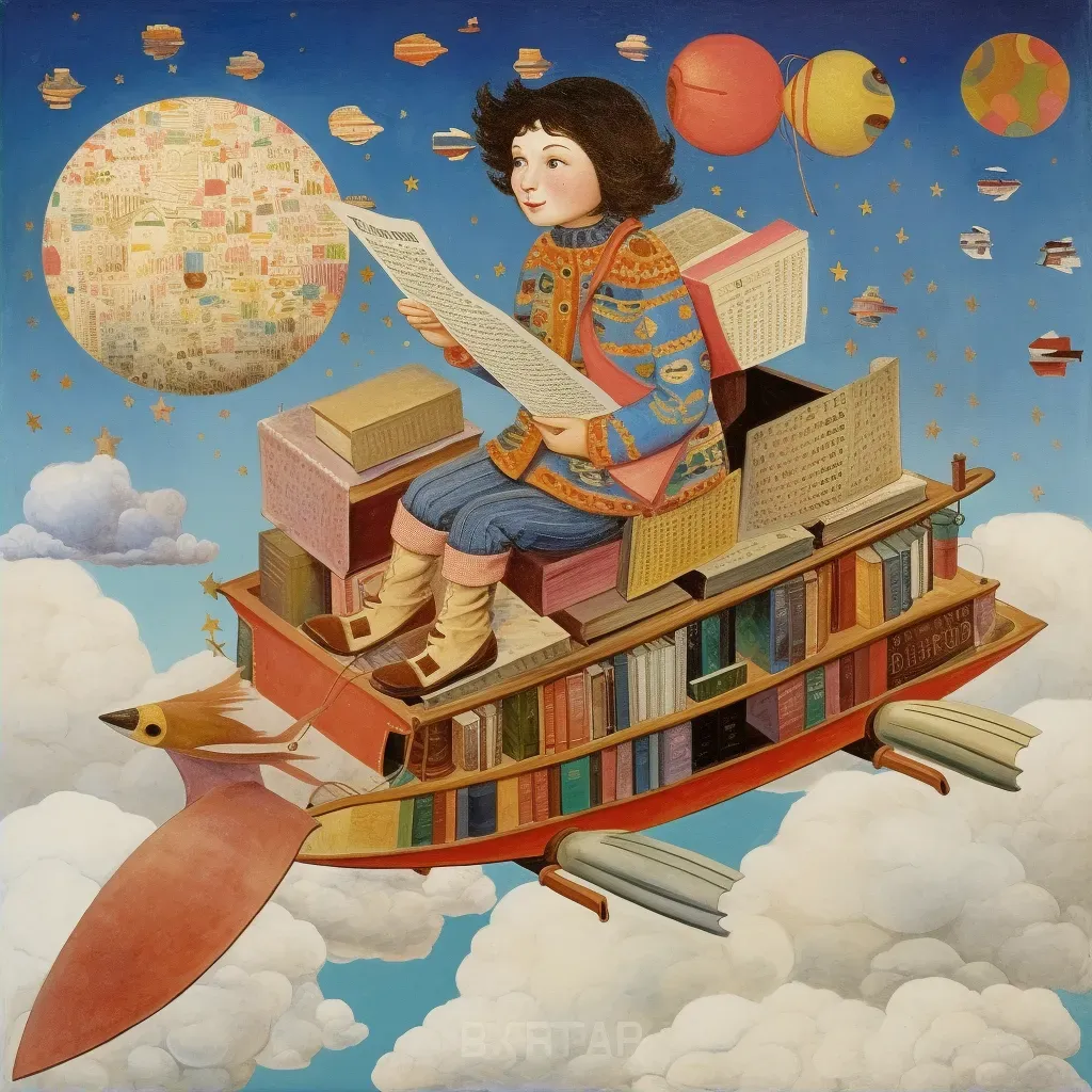 A child riding a flying book through a sky of words and imagination in a whimsical image. - Image 2