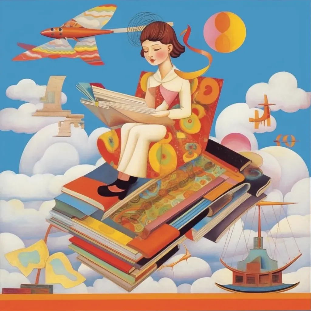 A child riding a flying book through a sky of words and imagination in a whimsical image. - Image 3