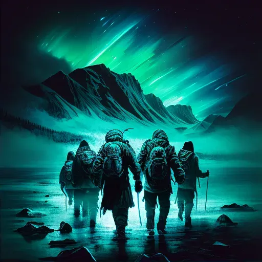 Group of explorers navigating vast, icy Arctic landscape with auroras in the night sky - Image 2