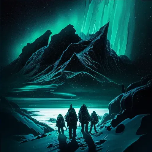 Group of explorers navigating vast, icy Arctic landscape with auroras in the night sky - Image 4