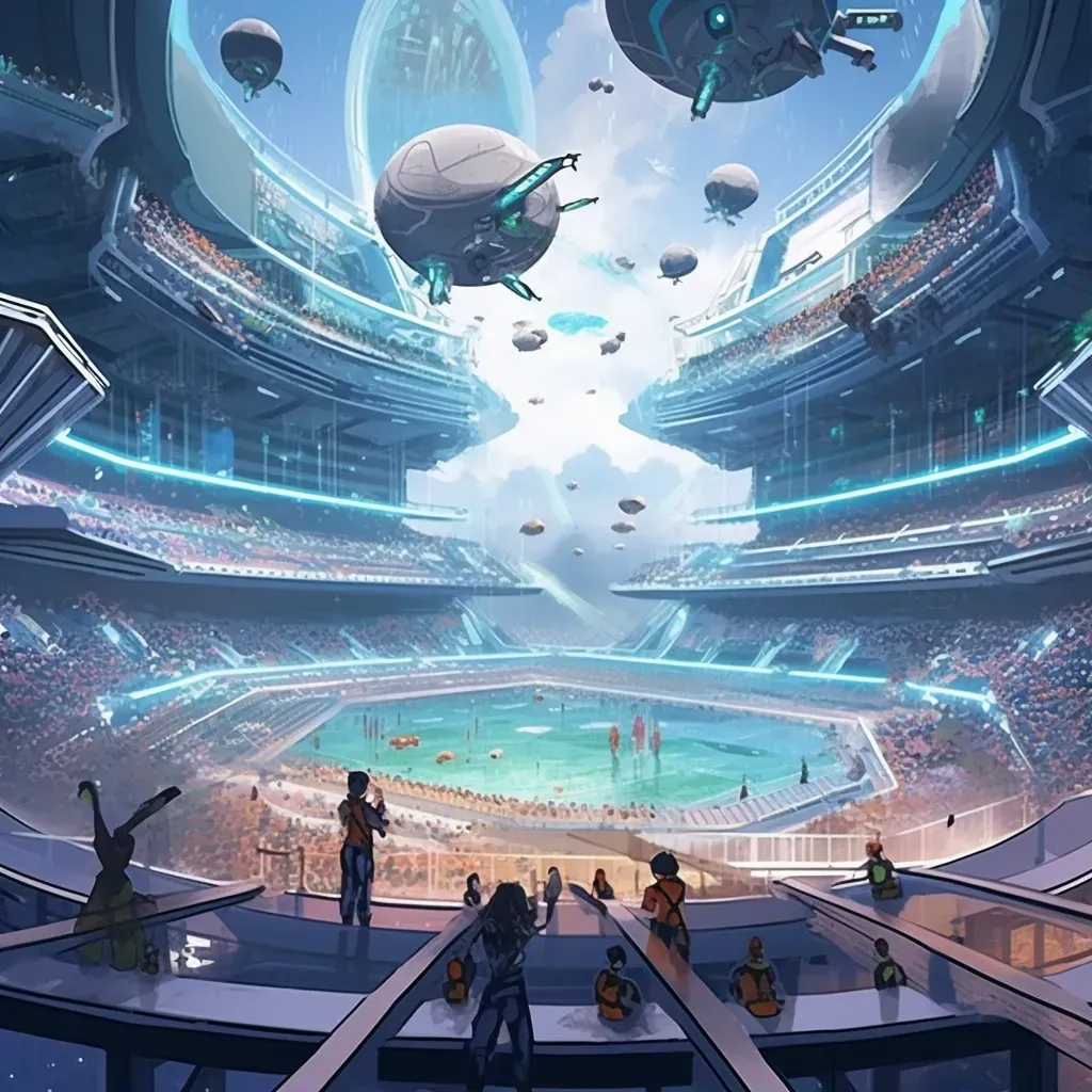 Image of a futuristic sports arena with levitating seats and jet-pack players - Image 1