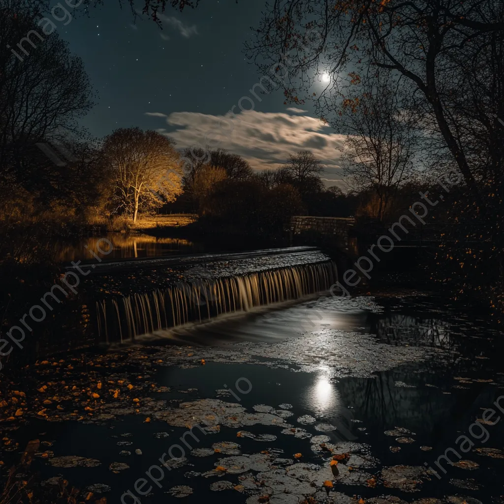 Moonlit traditional weir reflecting on water at night - Image 1