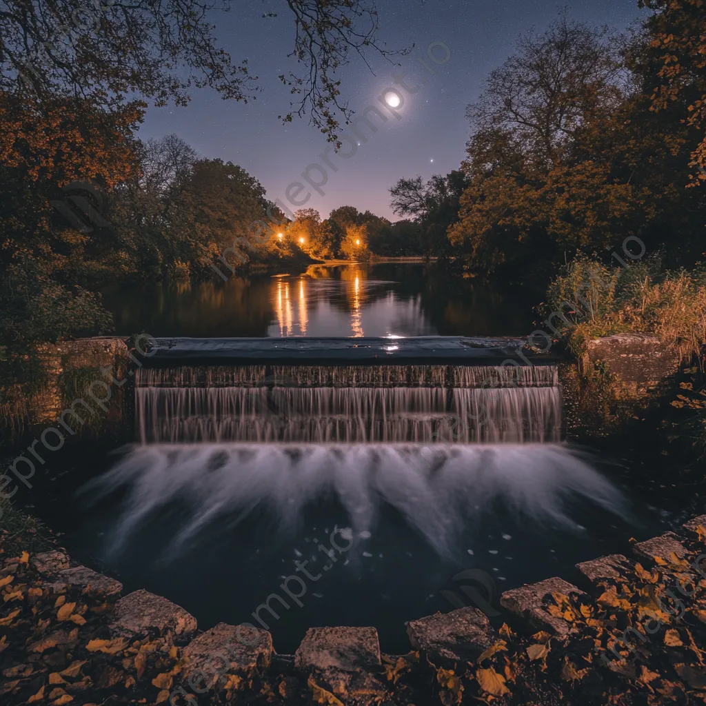 Moonlit traditional weir reflecting on water at night - Image 2