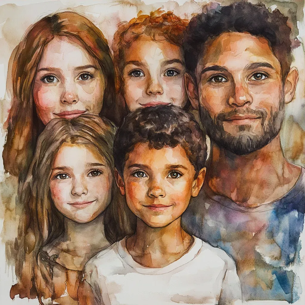 Warm earth-tone watercolor of a blended family showing unity in diversity - Image 3