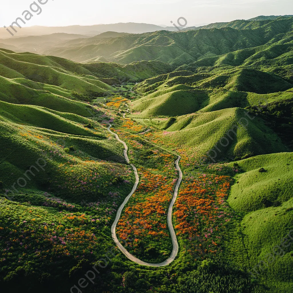 Aerial view of a mountain valley filled with wildflowers - Image 1