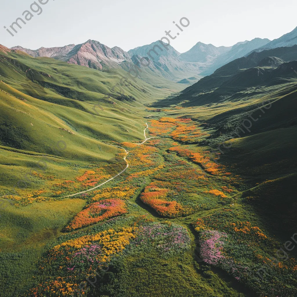 Aerial view of a mountain valley filled with wildflowers - Image 3