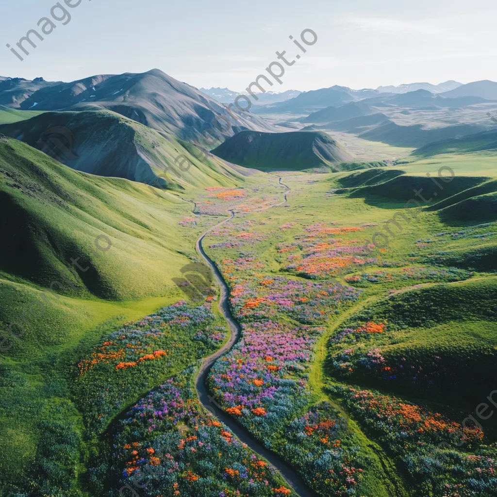 Aerial view of a mountain valley filled with wildflowers - Image 4