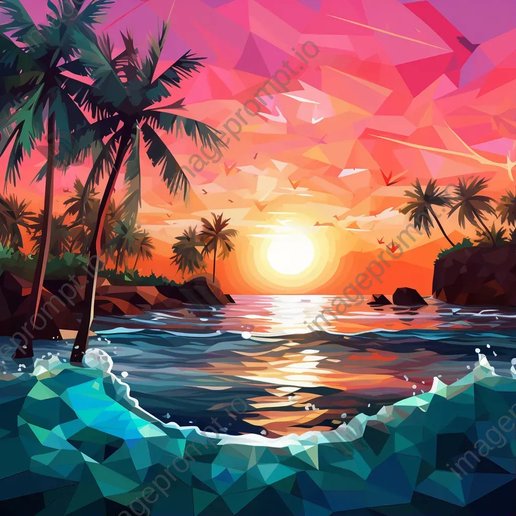 Low poly depiction of a vibrant tropical island at sunset with palm trees and sparkling surf - Image 1