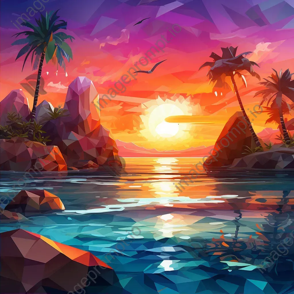 Low poly depiction of a vibrant tropical island at sunset with palm trees and sparkling surf - Image 2