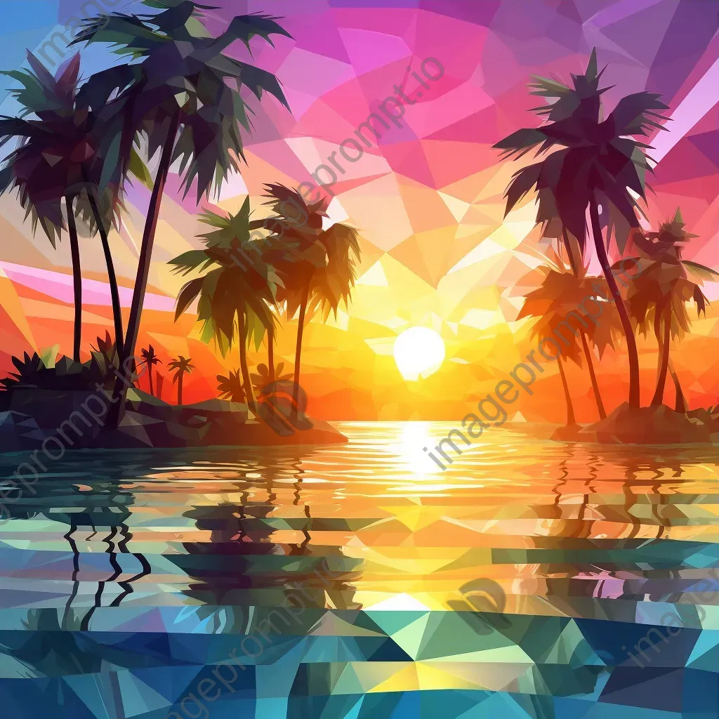 Low poly depiction of a vibrant tropical island at sunset with palm trees and sparkling surf - Image 3