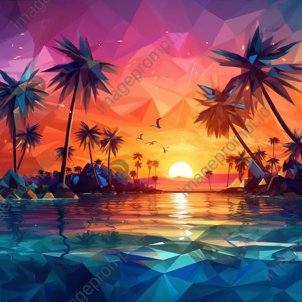 Low poly depiction of a vibrant tropical island at sunset with palm trees and sparkling surf - Image 4