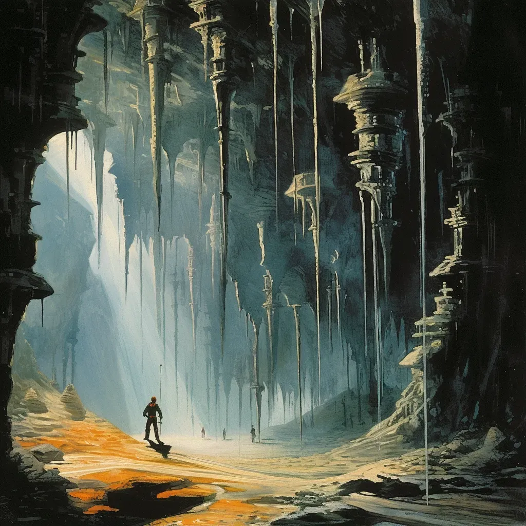 Person rappelling into massive cave with stalactites and stalagmites - Image 1