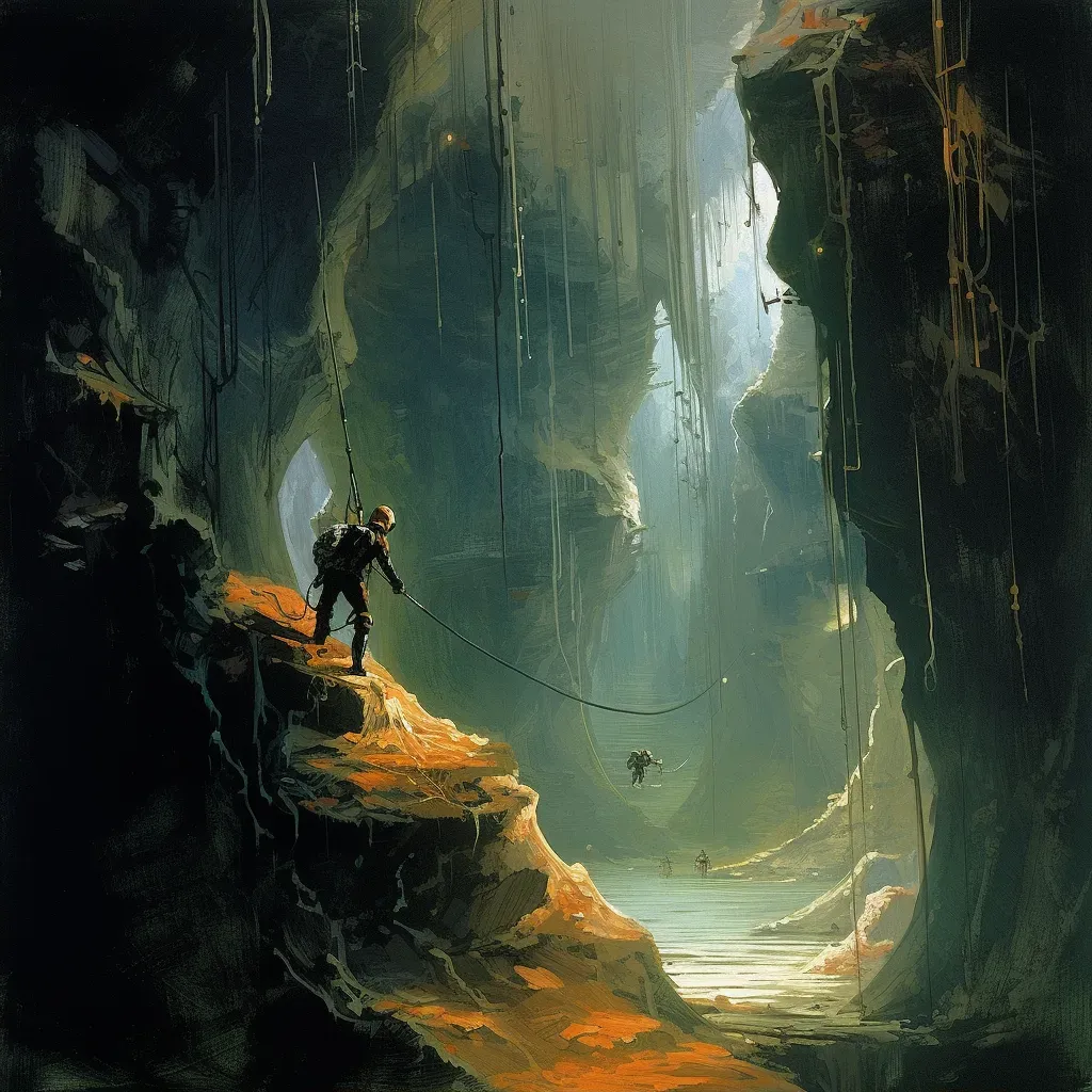 Person rappelling into massive cave with stalactites and stalagmites - Image 2