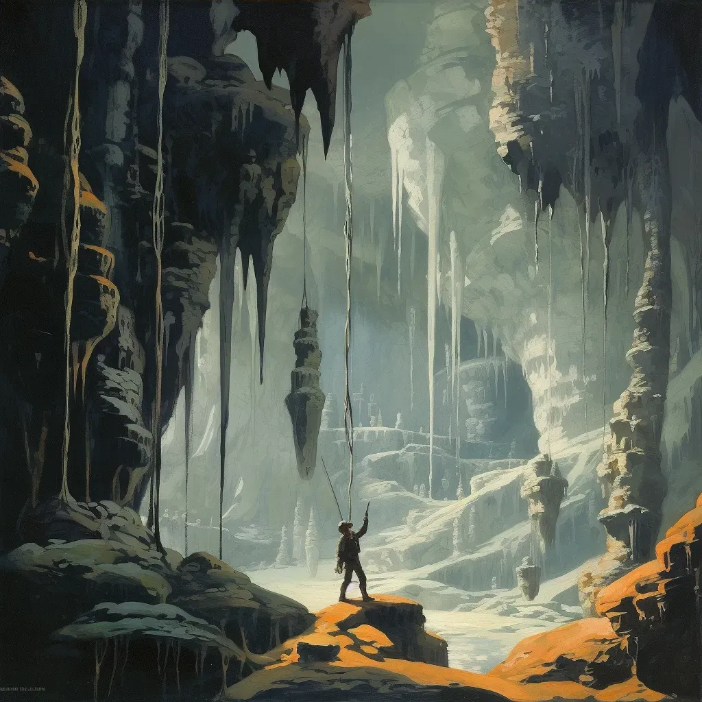 Person rappelling into massive cave with stalactites and stalagmites - Image 3