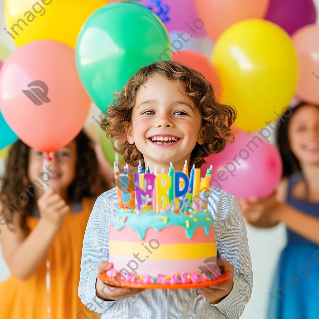 A happy child celebrating a birthday with large colorful balloons. - Image 1