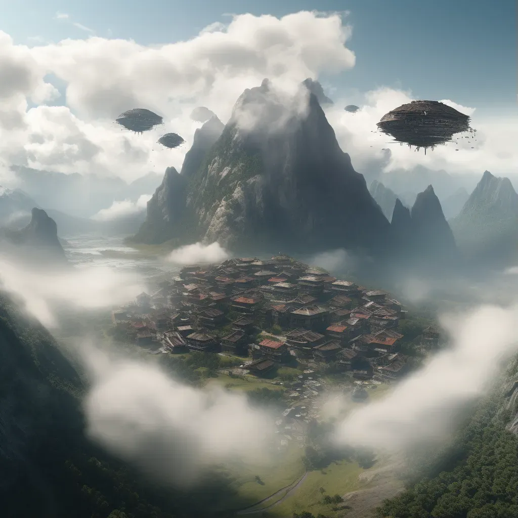 Mountain village perched on a floating mountain in an alternate reality - Image 1