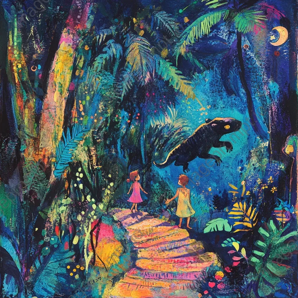 Colorful sketch of children on a jungle expedition with hidden creatures - Image 1