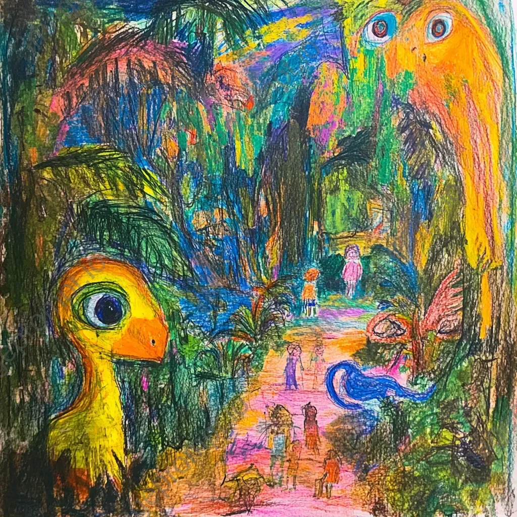 Colorful sketch of children on a jungle expedition with hidden creatures - Image 2