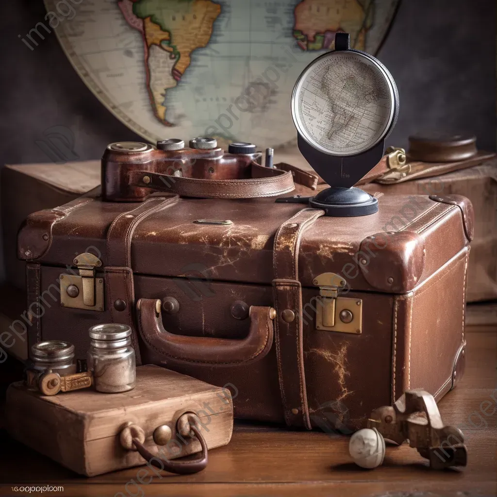 Aged leather suitcase with travel stickers, vintage world map, binoculars, and old globe on a wooden desk - Image 1