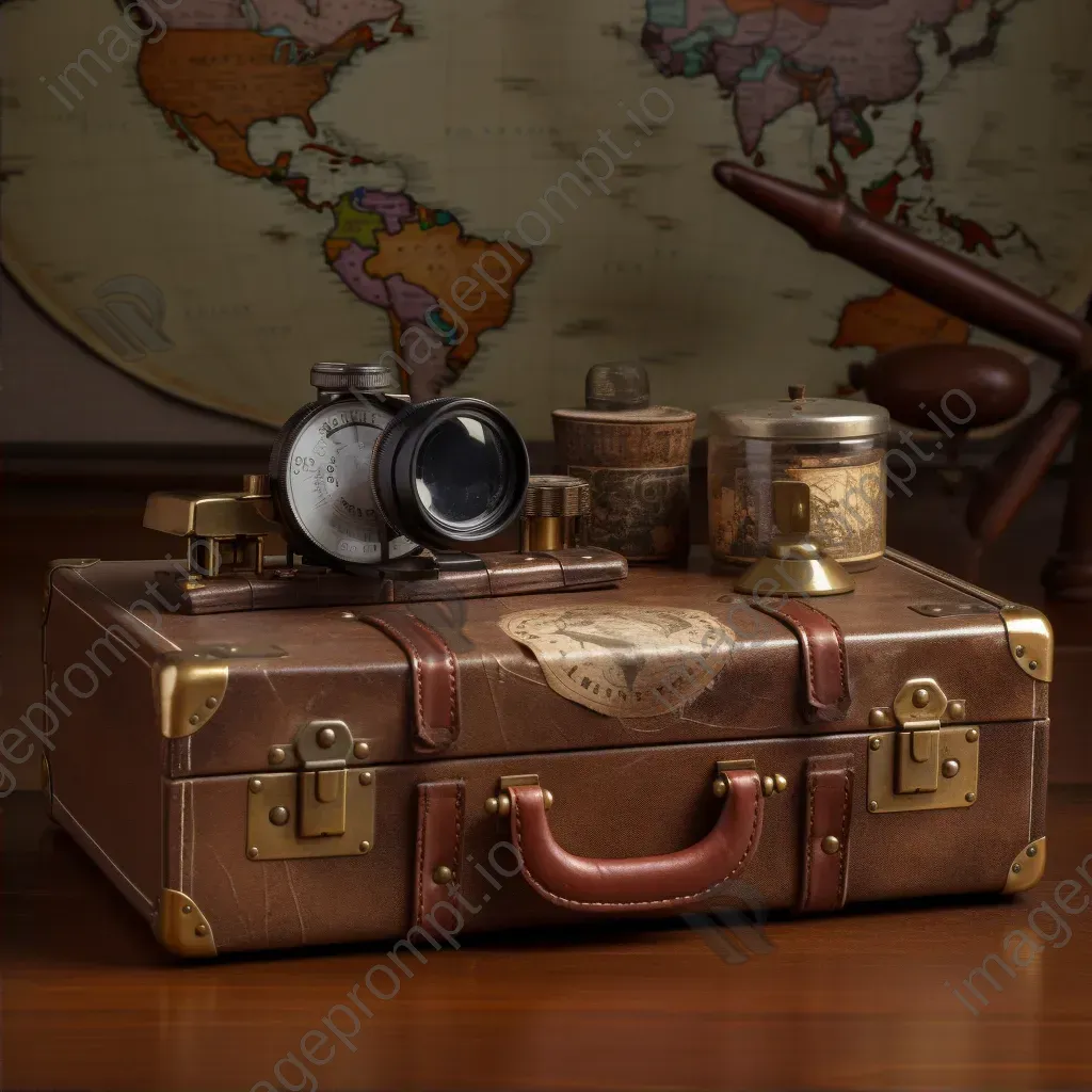 Aged leather suitcase with travel stickers, vintage world map, binoculars, and old globe on a wooden desk - Image 2