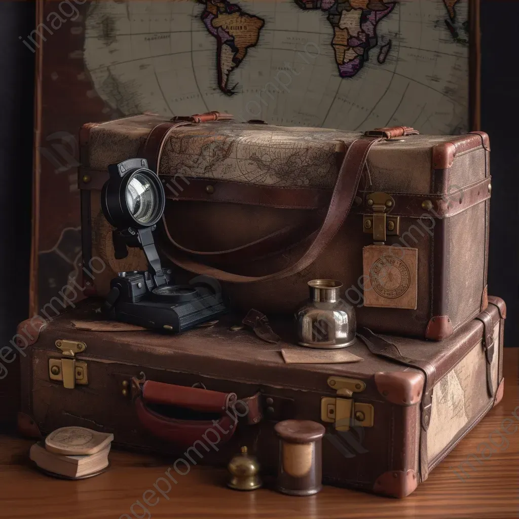 Aged leather suitcase with travel stickers, vintage world map, binoculars, and old globe on a wooden desk - Image 3