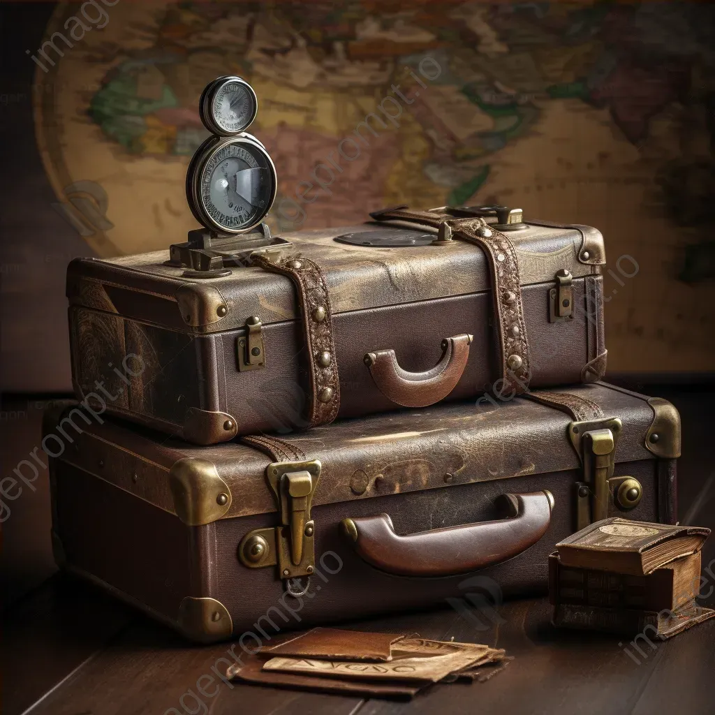 Aged leather suitcase with travel stickers, vintage world map, binoculars, and old globe on a wooden desk - Image 4