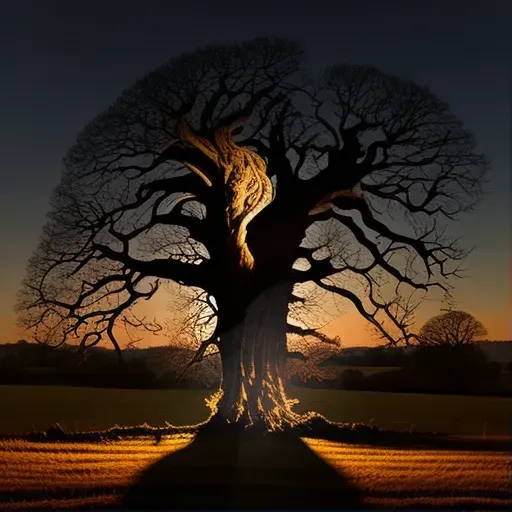 Image of an old oak tree half lit by sunset - Image 1