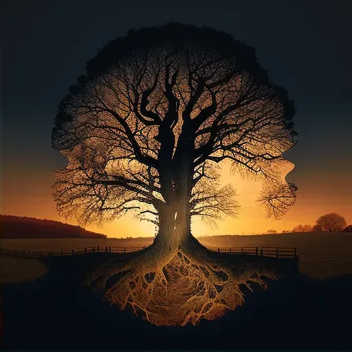 Image of an old oak tree half lit by sunset - Image 2