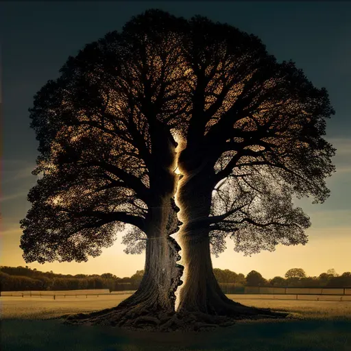 Image of an old oak tree half lit by sunset - Image 4