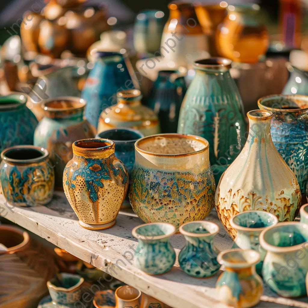 Close-up view of colorful handmade ceramics in a market stall illuminated by sunlight. - Image 1