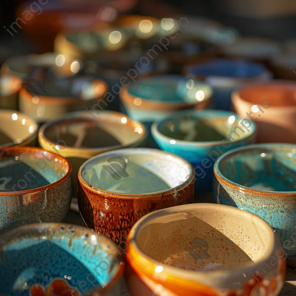 Close-up view of colorful handmade ceramics in a market stall illuminated by sunlight. - Image 2