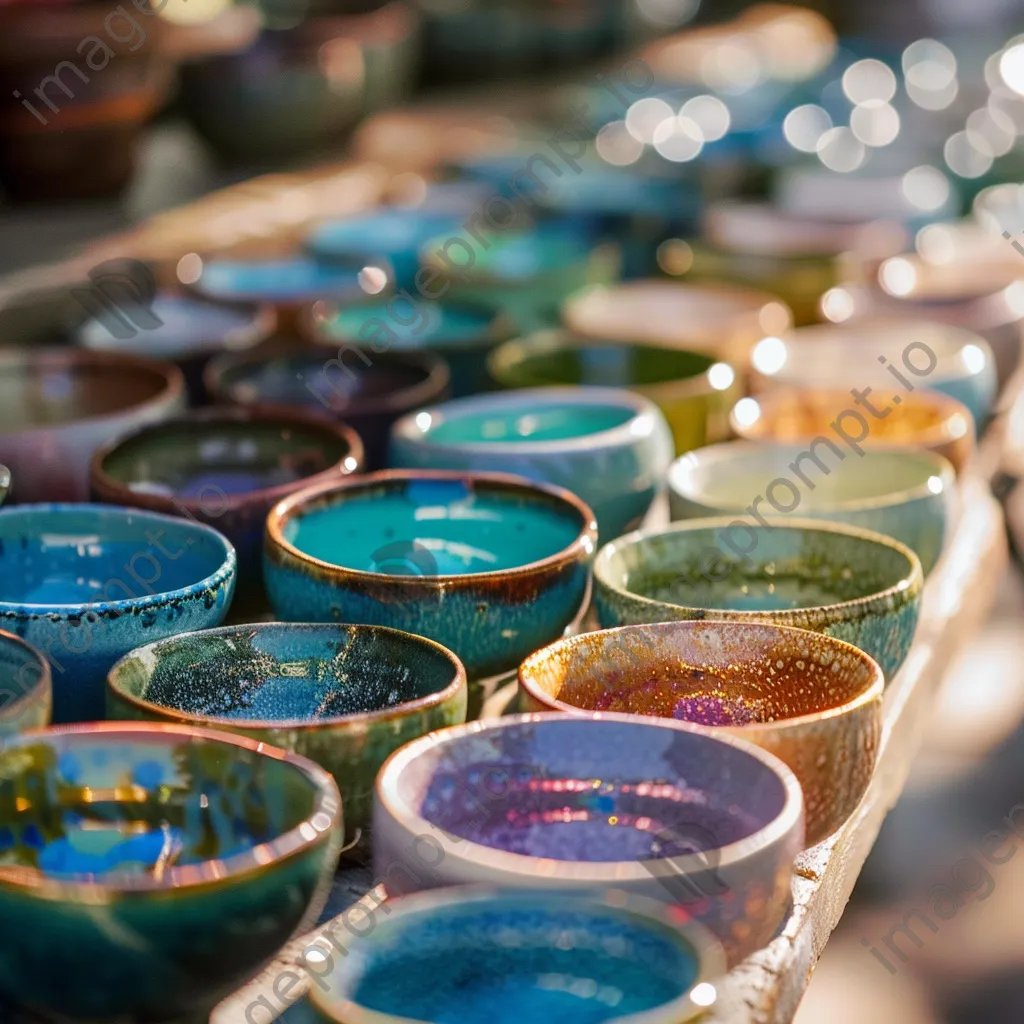 Close-up view of colorful handmade ceramics in a market stall illuminated by sunlight. - Image 3