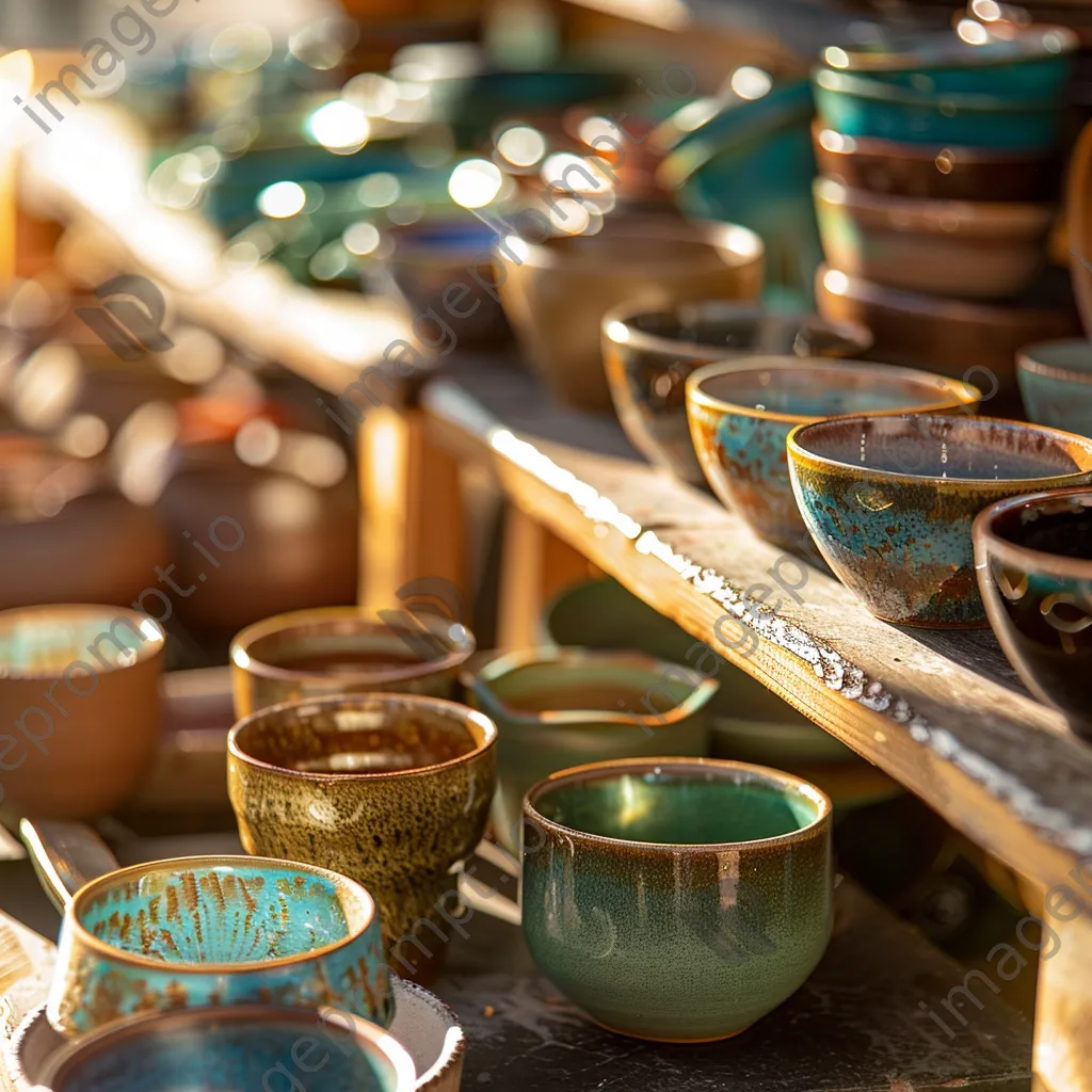 Close-up view of colorful handmade ceramics in a market stall illuminated by sunlight. - Image 4