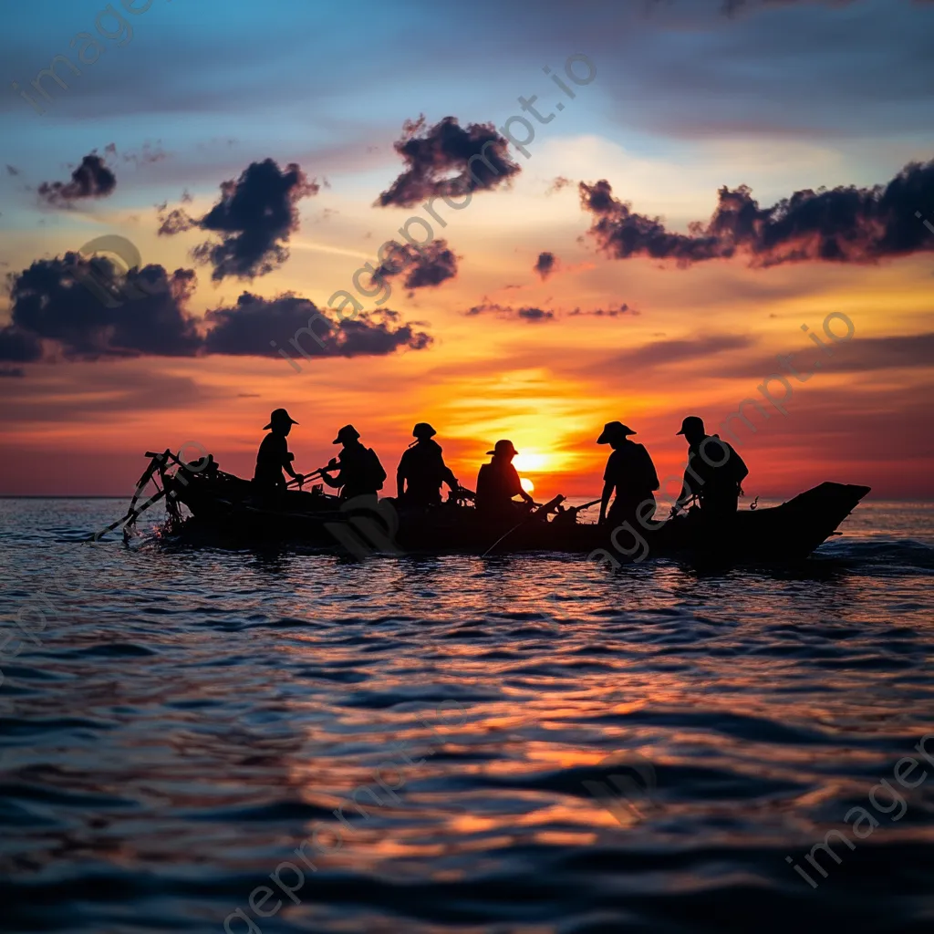 Silhouetted pearl divers against sunset sky - Image 1