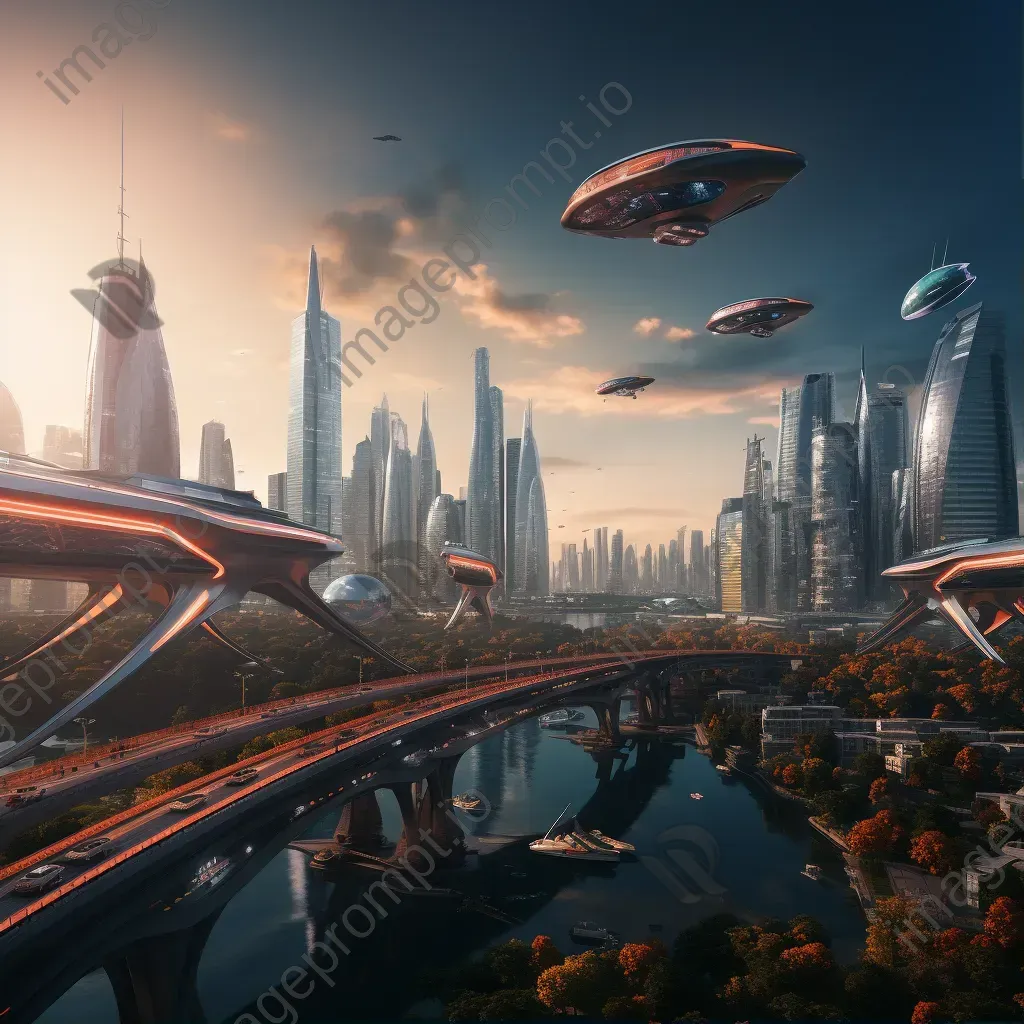 Futuristic city skyline with advanced architecture and flying vehicles - Image 1