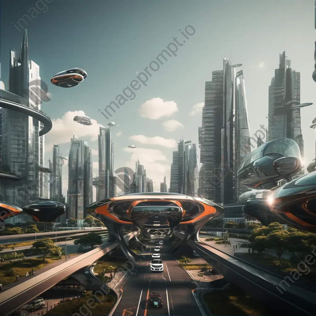 Futuristic city skyline with advanced architecture and flying vehicles - Image 2