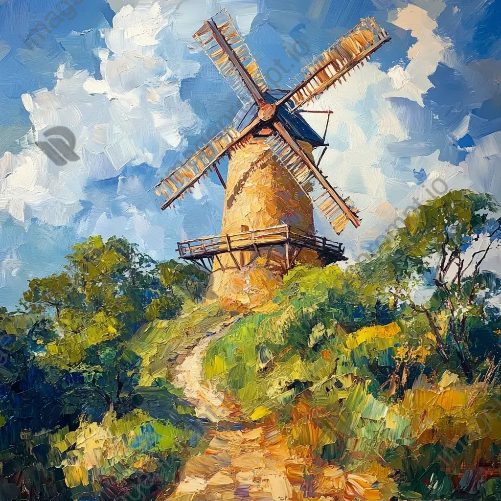 Verdant summer countryside scene with an ancient windmill atop a hill - Image 1