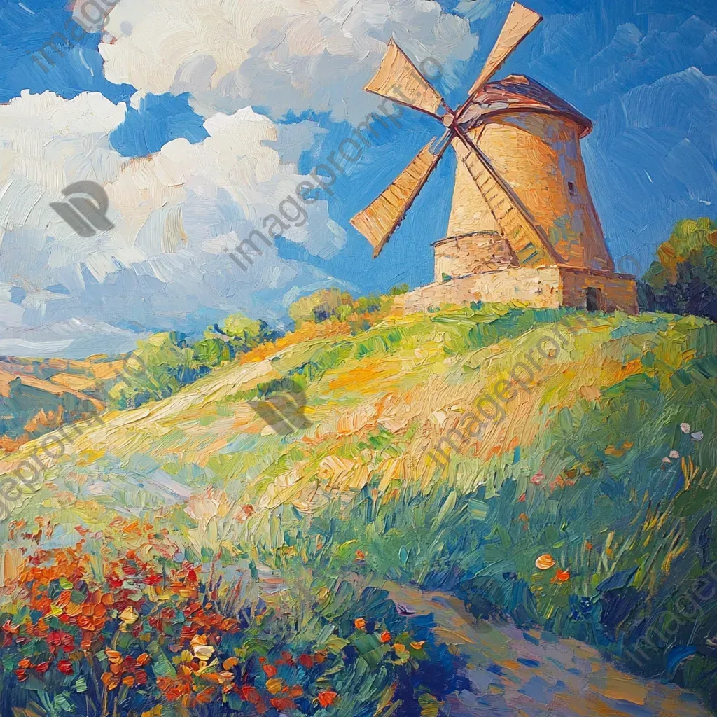 Verdant summer countryside scene with an ancient windmill atop a hill - Image 2