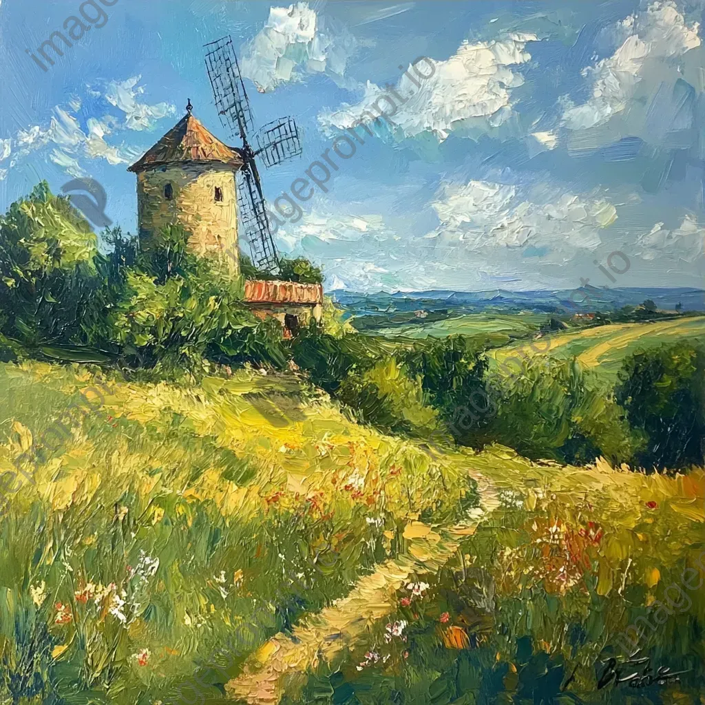 Verdant summer countryside scene with an ancient windmill atop a hill - Image 3