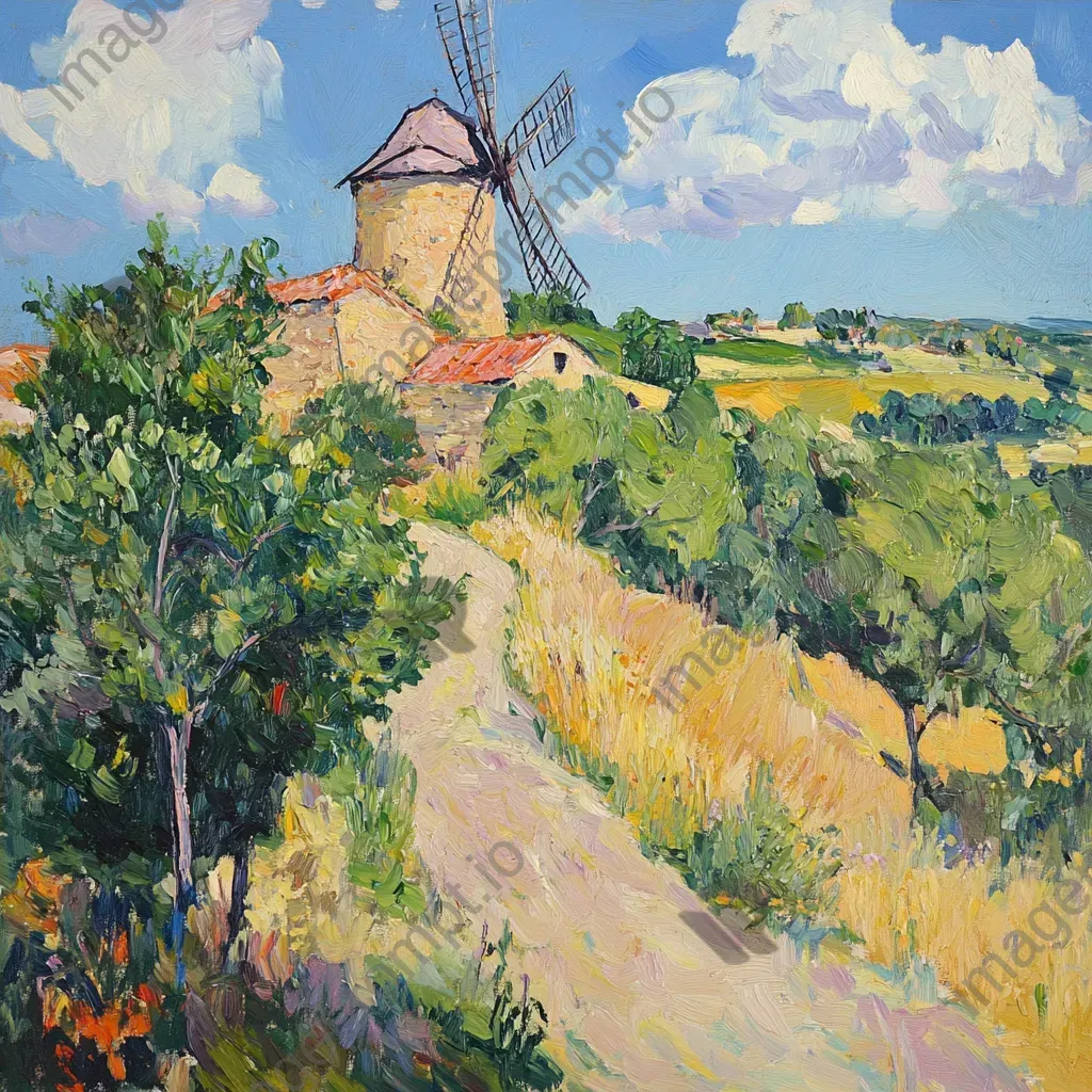 Verdant summer countryside scene with an ancient windmill atop a hill - Image 4