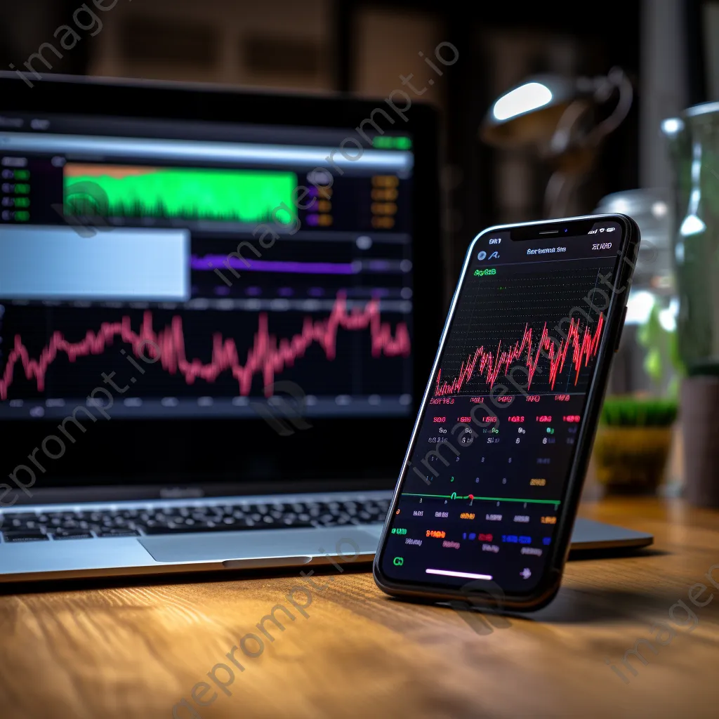 Smartphone showing stock market app with fluctuating graphs - Image 1