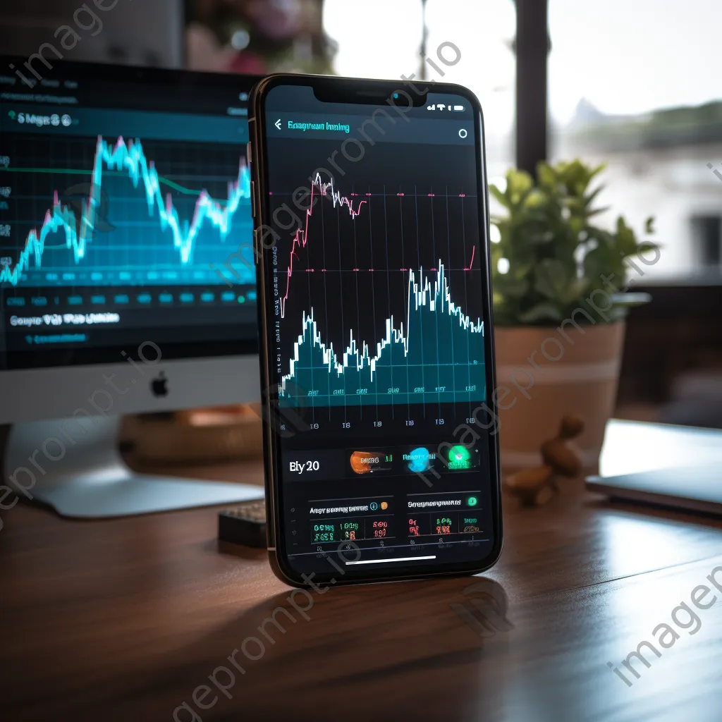 Smartphone showing stock market app with fluctuating graphs - Image 2
