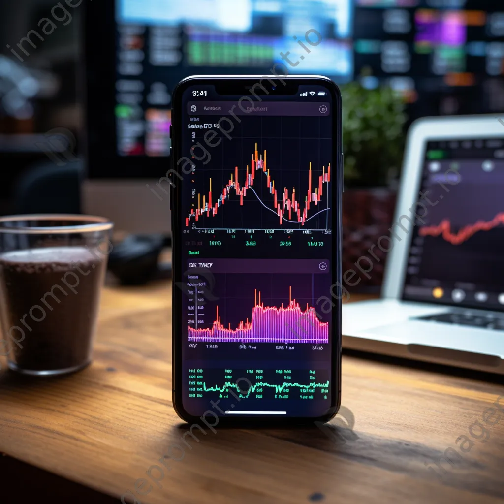 Smartphone showing stock market app with fluctuating graphs - Image 4