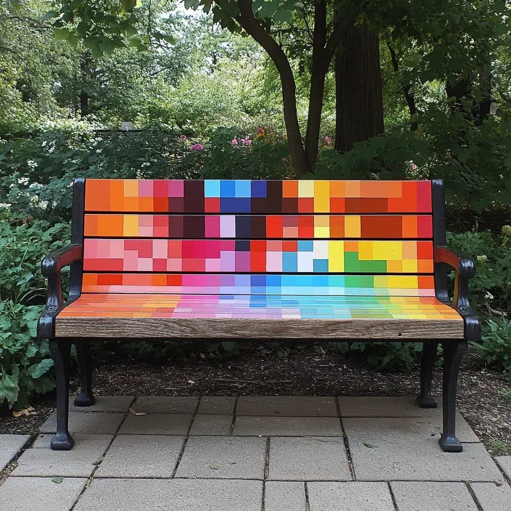 A wooden park bench painted to resemble vibrant pixel art - Image 2