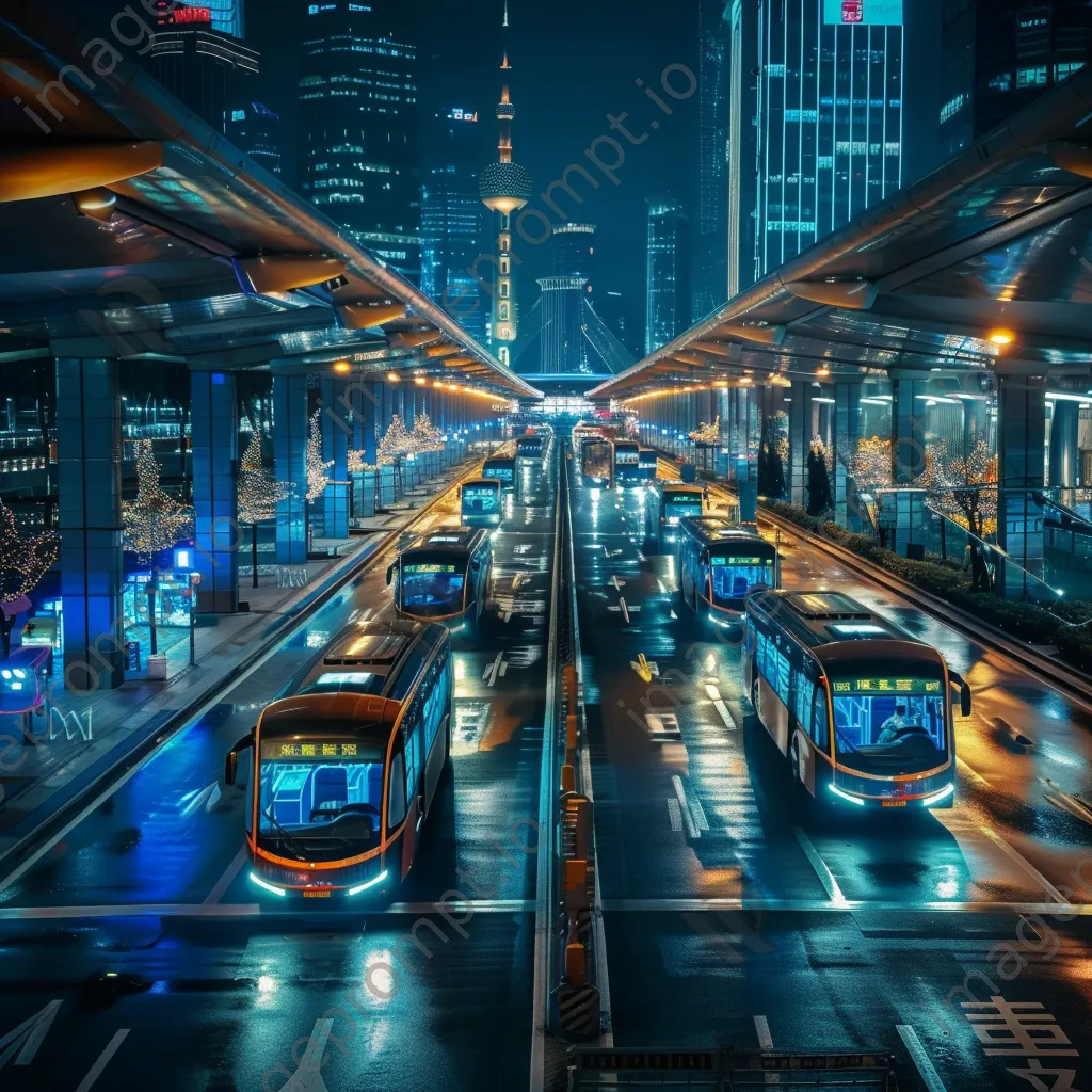 Smart transportation hub with autonomous shuttles and dynamic displays at night - Image 1